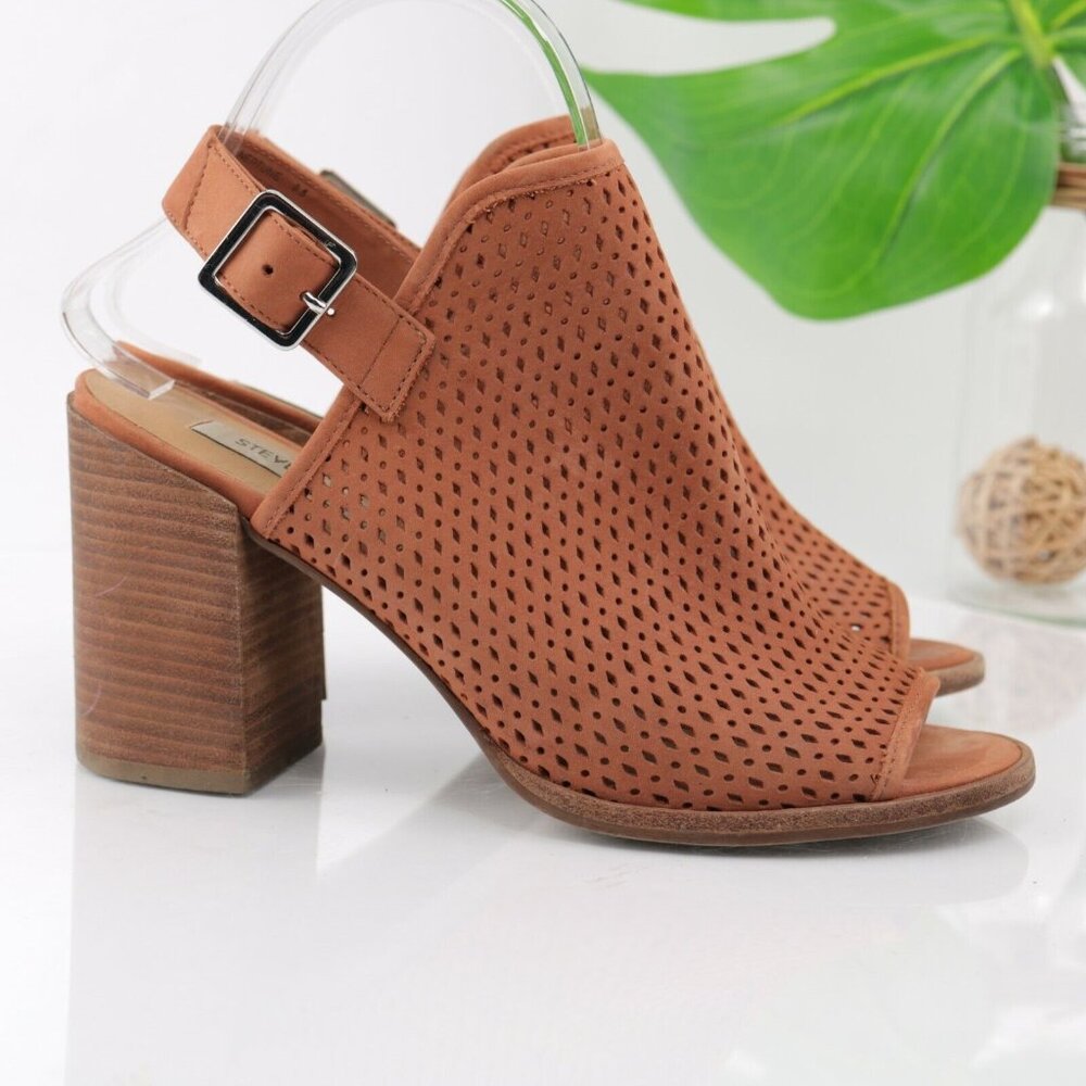 Steve Madden Womens Neptune Sandal Size 8.5 Brown Leather Block Heel Peep Toe - Picture 5 of 12